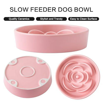 8.25'' Ceramic Slow Feeder Dog Bowls - Petal Shape Modern Dog Food Dish for Medium and Large Breeds, Puzzle Maze Bowl to Slow Down Eating, Anti-Gulping, Dishwasher & Microwave Safe, Pink - color: Pink, size: 8.25 inch