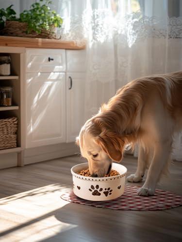 Ceramic Dog Bowl 55oz Heavy Duty Pet Food and Water Bowl for Medium Large Dogs Non Slip Weighted Dog Dish with Paw Print and Heart Design Easy to Clean - color: White-Paw