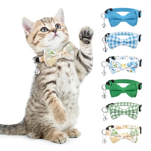 6 PCS Cat Collars with Bow Tie and Bell,Cat Collars Plaid,Breakaway Adjustable Cat Bow Tie Collars,Cute Bow Tie Suitable for Kittens Or Certain Puppies Mixed Colors - color: Mixed Colors