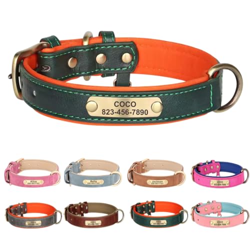 Personalized Dog Collar with Engraved Nameplate, Custom PU Leather Pet ID Collar for Small Medium Large Dogs, Engraved Name and Phone Number Tag for Pet Puppy (Green, XL) - color: Green, size: XL