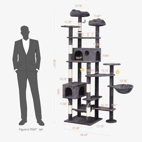 Meecal 79in Giant Cat Tree for Heavy Duty Big Cats, Large Cat Trees with Scratching Post, Cat Tree Tower with Cat Condos, Hammock & Plush Perch for Maine Coon, Smoky Gray - color: Smoky Gray