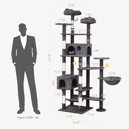 Meecal 79in Giant Cat Tree for Heavy Duty Big Cats, Large Cat Trees with Scratching Post, Cat Tree Tower with Cat Condos, Hammock & Plush Perch for Maine Coon, Smoky Gray - color: Smoky Gray