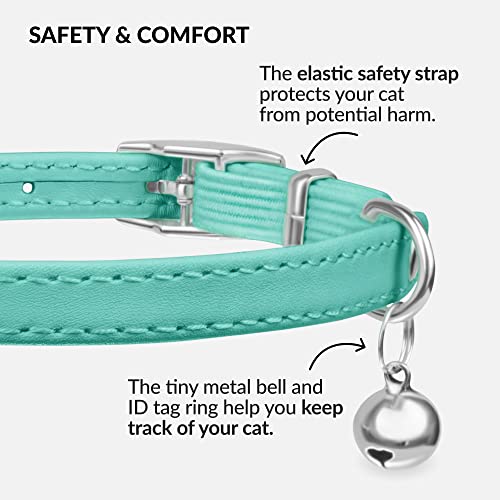 CollarDirect Leather Cat Collar with Removable Bell – Safety Elastic Strap (Breakaway Alternative) – Kitten Collar for Small & Big Boy & Girl Cats - color: Mint Green, size: 8-11 Inch