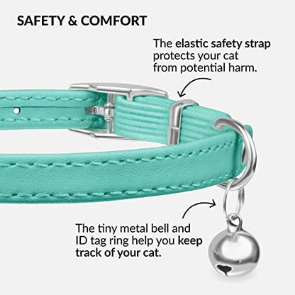 CollarDirect Leather Cat Collar with Removable Bell – Safety Elastic Strap (Breakaway Alternative) – Kitten Collar for Small & Big Boy & Girl Cats - color: Mint Green, size: 8-11 Inch