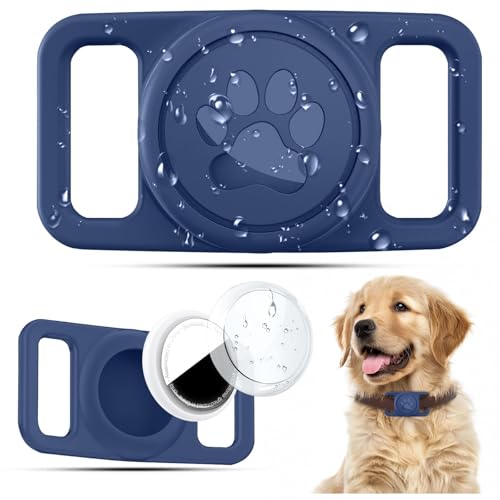 Linsaner Waterproof Dog Collar Holder for AirTag 1st & 2nd Gen, No Dangle Silicone Case for Apple for Air Tag, Full Cover Paw Print GPS Tracker Protective Accessories for Pet Puppy Cat, Dark Blue - color: A5-Dark Blue
