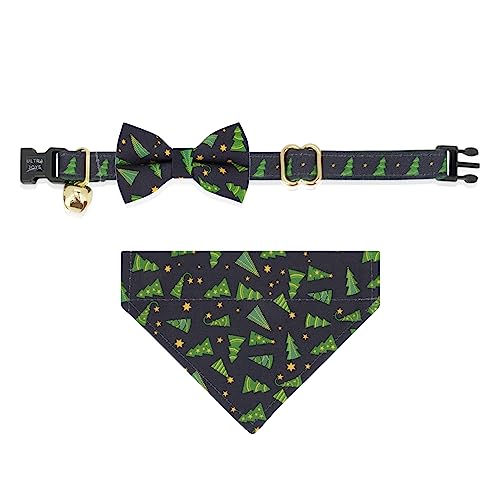 Ultra Joys Cat Collar with Bells - Breakaway for Cats, Boy & Girl Cat Collars Kitten Collar with Bell - Break Away Collar for Cats - Breakaway Cat Collar with Bandana and Bowtie Christmas Tree Small - color: Christmas Tree-Whole Set, size: Small