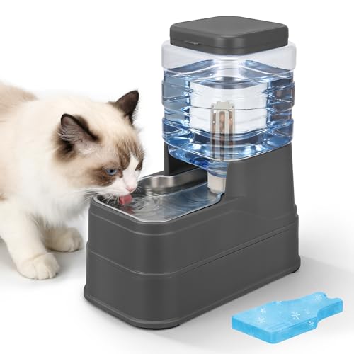 Automatic Cat Water Dispenser Gravity Stainless Steel Water Feeder Dog Waterer Feeder with Wide Mouth Bowl for Small Medium Dog Puppy Kitten (Filter &Ice Pack Included) 1Gallon Gray - color: Grey, size: 1.1Gallon/4L
