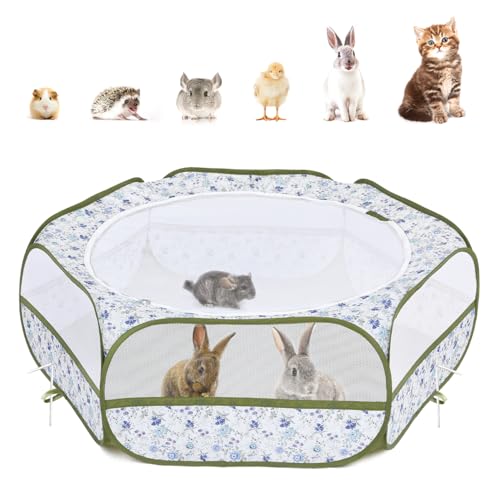 Pawaboo Small Animals Playpen, Waterproof Small Pet Cage Tent with Zippered Cover, Portable Outdoor Yard Fence with 3 Metal Rod for Chick/Kitten/Puppy/Guinea Pig/Rabbits/Hamster, Blue + White Flower - color: T-Blue + White Flower