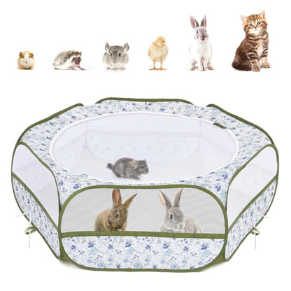 Pawaboo Small Animals Playpen, Waterproof Small Pet Cage Tent with Zippered Cover, Portable Outdoor Yard Fence with 3 Metal Rod for Chick/Kitten/Puppy/Guinea Pig/Rabbits/Hamster, Blue + White Flower - color: T-Blue + White Flower