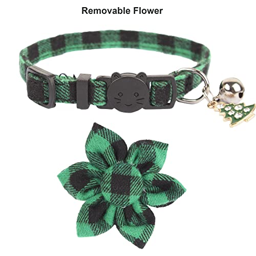 ADOGGYGO Christmas Cat Collars with Flower Bell, 2 Pack Breakaway Cat Christmas Collar with Removable Floral, Red Green Plaid Flower Collars for Cats (Red&Green-2) - color: Red&Green