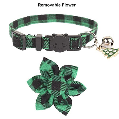 ADOGGYGO Christmas Cat Collars with Flower Bell, 2 Pack Breakaway Cat Christmas Collar with Removable Floral, Red Green Plaid Flower Collars for Cats (Red&Green-2) - color: Red&Green