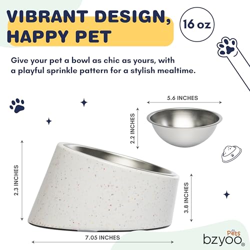 bzyoo 16oz Tilted Dog Bowl for Small Dogs & Cats, 15° Elevated Stainless Steel Pet Feeder, Ergonomic Anti-Vomiting Food Bowl for Frenchie, Pug, Persian Cat, Non-Skid Melamine Stand, Sprinkle (White) - color: White