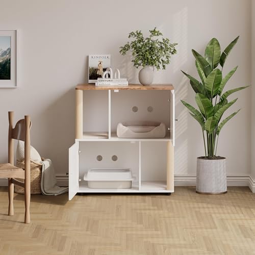 Double Cat Litter Box Enclosure Furniture for 2 Cats – 2-Tier Modern Farmhouse Cabinet, Mark Post, Odor Control, Hidden Washroom, Litter Mats, Dog-Proof Storage, End Table – Slotted Door White