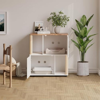 Double Cat Litter Box Enclosure Furniture for 2 Cats – 2-Tier Modern Farmhouse Cabinet, Mark Post, Odor Control, Hidden Washroom, Litter Mats, Dog-Proof Storage, End Table – Slotted Door White