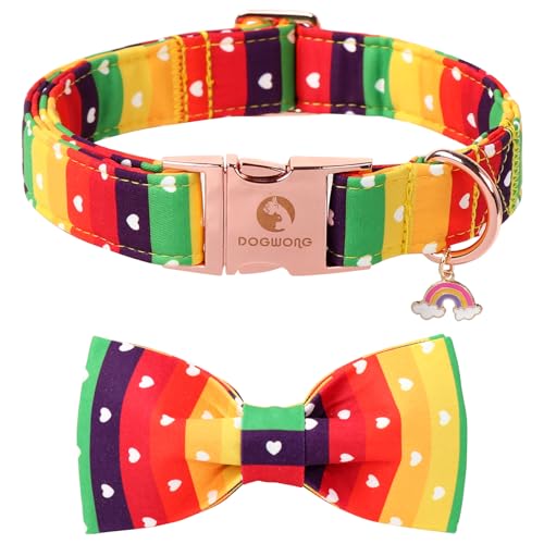 DOGWONG Rainbow Dog Collar with Bow Tie for LGBT Pride Month - Adjustable and Comfortable LGBT Pride Dog Collar for Large Medium Small Pet - color: Rainbow, size: XS