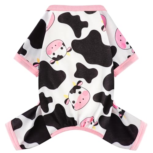 Dog Pajamas Small Sized Dogs Stretchable Summer Dog Clothes Pjs 4 Legs Girl Boy Cute Soft Puppy Outfits Doggie Cat Jammies Jumpsuit Sleeper for Pet, Pink Cow, XS - color: Pink Cow, size: X-Small (Chest 11in )