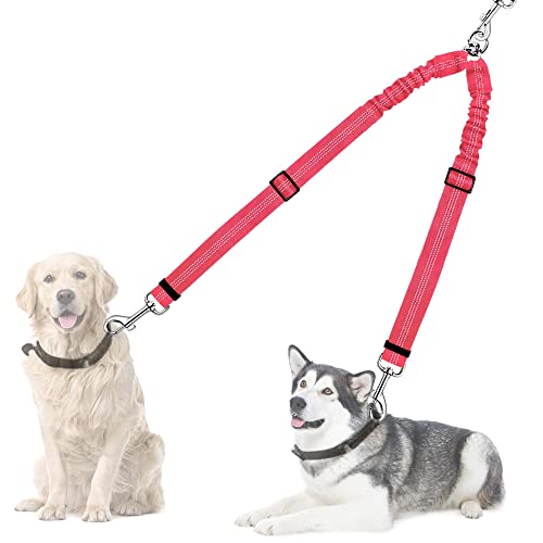 AUTOWT Double Dog Leash, No Tangle 360°Swivel Rotation Reflective Lead Attachment Adjustable Length Dual Two Dogs Lead Splitter, Comfortable Shock Absorbing Walking Training for 2 Dogs - color: Fluorescent Pink, size: Medium - 20lbs Plus