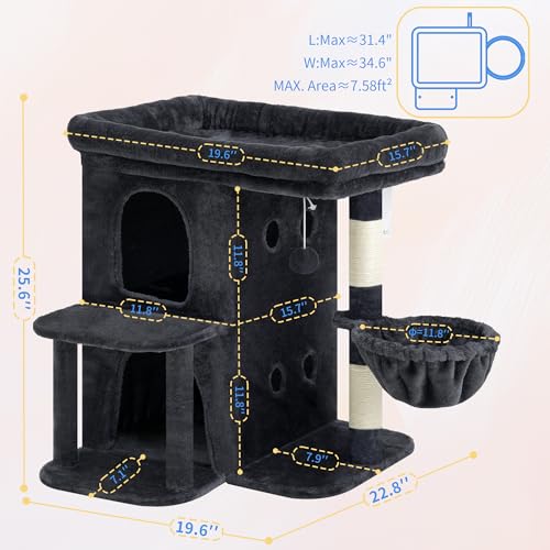 Heybly Cat Tree, 25.6-inch Cat Tower with Spacious Top Perch for Large Cats, Stair-Style Cat House Furniture with Dual-Layer Condos, Sisal Scratching Posts, Cozy Basket & Pompom, Smoky Gray HCT204SG - color: Smoky Gray, size: 25.6 inch