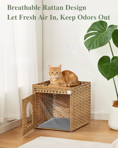 SETVSON Cat Litter Box Enclosure Furniture, Hidden Litter Box with Mat and Fence, Handwoven Rattan Cat House with Two S-Shaped Hooks for Living Room, Bedroom, 18.5 x 20.5 x 19.1 Inches (Natural) - color: Natural, size: Standard