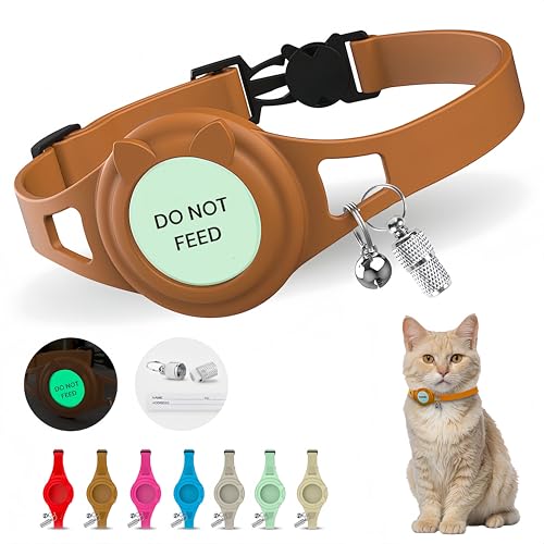 Hypoallergenic cat Collar with Breakaway Clasp, Bell & ID Tag. Compatible with Apple Airtag. Waterproof & Lightweight cat Collar with airtag Holder. Durable & Tear Resistant. - color: Brown