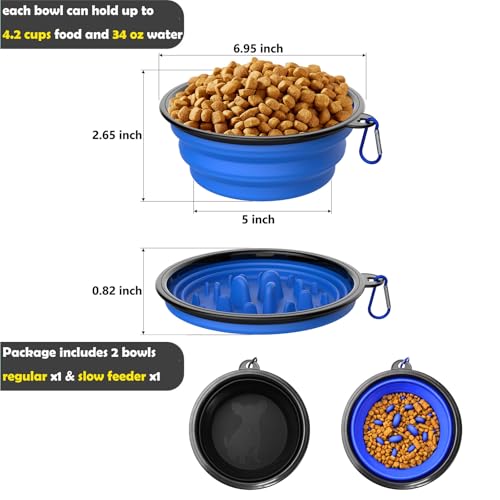 2 Pack [Slow Feeder Design + Regular], Collapsible Dog Bowl Travel Portable Pet Bowls, [34oz,1000ml] Foldable Food Water Feeding Dishes for Traveling Hiking Walking with Carabiners [Blue,Black] - color: Blue+Black