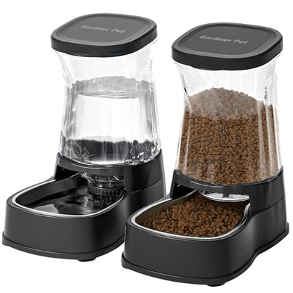 Automatic Pets Gravity Feeder and Water Dispenser Set with Stainless Steel Bowl, 1Gallon x 2 Stable Dog Food Feeder and Waterer, 100% BPA-Free for Small&Medium Dogs, Cats, Puppies(Black) - color: Black, size: 1 Gallon (Water & food dispenser)