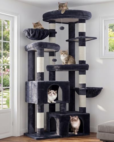 Hey-brother Cat Tree, 67.3 Inches Tower with 3 Soft Platform Beds, 2 Large Condos, 9 Sisal Scratching Posts, 2 Hammocks and Toys, Multi-Level Step House for Multiple Indoor Kittens, Smoky Gray MPJ084G - color: Smoky Gray