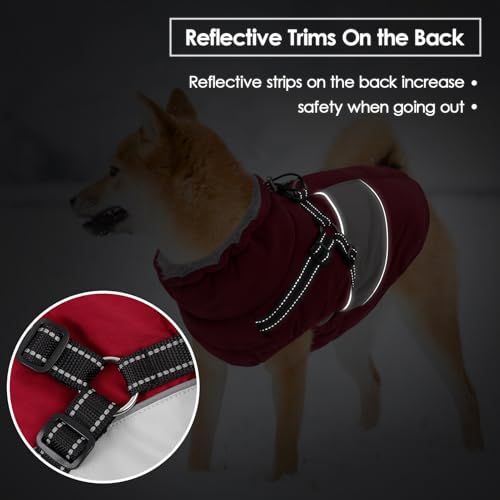 Small Dog Coat with Harness Built in, Warm Dog Jacket Winter with Zipper On Back, Waterproof Pet Snow Jacket Snowsuit Pet Sweater Clothes for Puppy, Burgundy XS - color: Burgundy, size: X-Small