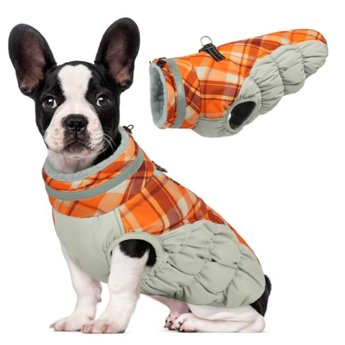 Lelepet Warm Dog Winter Coat Dog Coats for Small Dogs Waterproof Dogs Jacket with Harness Built in Reflective Cold Weather Coats Windproof Zip-Up Winter Fleece Vest Snowsuit Chihuahua Orange Plaid - color: Orange Plaid, size: X-Small