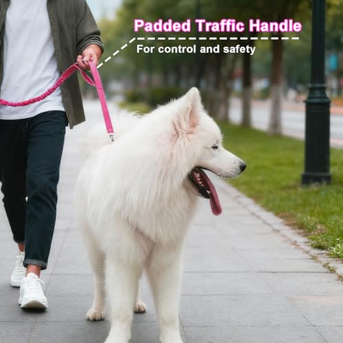 5FT Bungee Dog Leash with 2 Handles, Reflective Strong Nylon Traffic Leash, Shock Absorbing Lead for Large Medium Dogs Walking Training Controlling, Rose red - color: Rose red