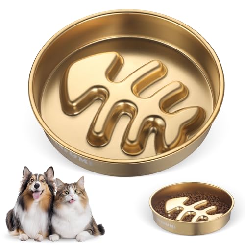 Golden Stainless Steel Slow Feeder Dog Bowls – Non-Slip Metal Dog Bowl for Large & Medium Breeds, Puppy Puzzle Feeder – 2 Cup Capacity for Small to Big Pets – Durable Slow Feed Dog & Cat Food Dish - color: Fishbone-Golden