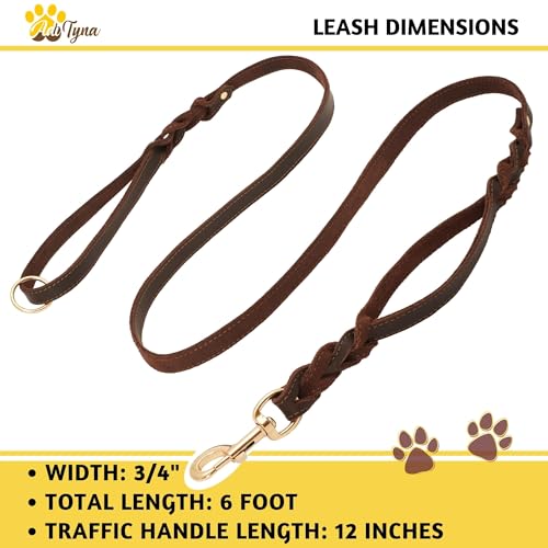 ADITYNA - Double Handle Leather Dog Leash 6ft - Heavy Duty Braided Dog Leash with Traffic Handle - Lead for Training and Walking Medium Large Breeds (Brown, Two Handles 6 Foot x 3/4") - color: Brown, size: Two Handles 6 foot x 3/4"