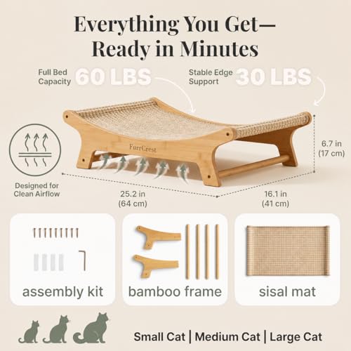 XL Sisal Cat Scratcher Bed with Elevated Hammock for Indoor Cats, Replaceable Natural Sisal Pad, Large Cat Lounge, Anti-Slip No-Wobble Bamboo Frame, Natural Grey - color: Natural Grey