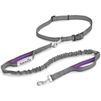 Tuff Mutt Hands Free Dog Leash for Walking Running Hiking, Waist Leash with Bungee, Adjustable Belt, Reflective Double Handle Design for Large Medium Dogs - color: Purple