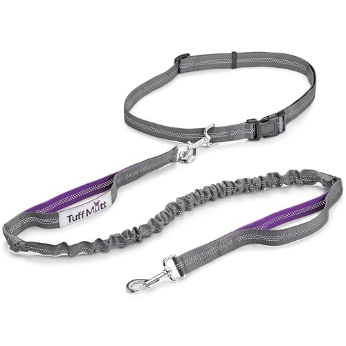 Tuff Mutt Hands Free Dog Leash for Walking Running Hiking, Waist Leash with Bungee, Adjustable Belt, Reflective Double Handle Design for Large Medium Dogs - color: Purple