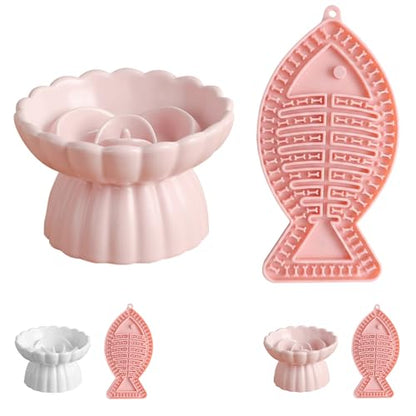 Ceramic Slow Feeder Cat Bowl 5.5inch with Lick Mat,Elevated Food Bowl for Cats and Small Dogs,Cute Flower Shape for Dry and Wet Food-Pink Bowl +Pink Lick Mat - color: Pink Bowl+ Pink Lick Mat