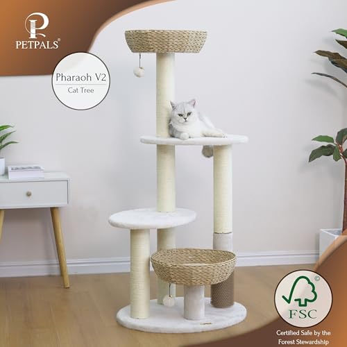 PetPals® Pharaoh 5-Level Cat Tree with Recycled Paper Rope Baskets, Sisal Scratching Posts, Teaser Toy, Massager, Eco-Friendly Boho Cat Furniture for Cats Up to 15 lbs - color: Beige
