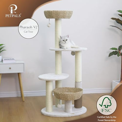 PetPals® Pharaoh 5-Level Cat Tree with Recycled Paper Rope Baskets, Sisal Scratching Posts, Teaser Toy, Massager, Eco-Friendly Boho Cat Furniture for Cats Up to 15 lbs - color: Beige
