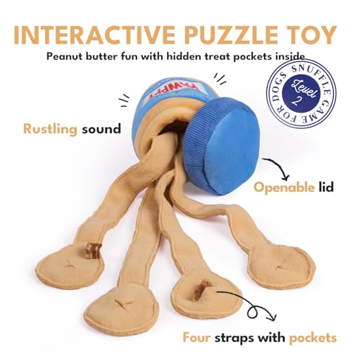 CHEWFFON Interactive Dog Enrichment Toy, Cute Crinkle&Snuffle Puppy Toys, Hide & Seek Puzzles, Peanut Butter Jar Toys for Brain Stimulation, for All Dog Sizes - style: Peanut Butter