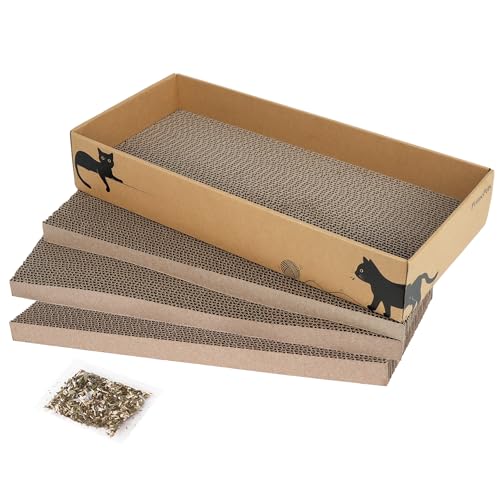 PrimePets 3-Pack Cat Scratcher Cardboard with Box, 17.3" Large Reversible Cat Scratching Pads for Indoor Cats, Heavy Duty Corrugated Cat Scratches Board, Furniture Protector for Large Cats & Kittens