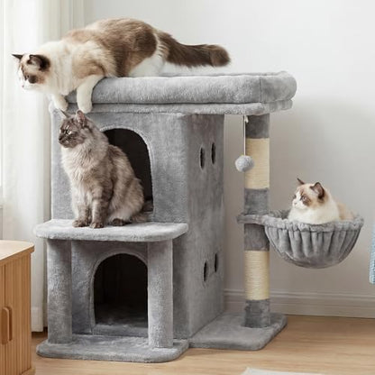 Heybly Cat Tree, 25.6-inch Cat Tower with Spacious Top Perch for Large Cats, Stair-Style Cat House Furniture with Dual-Layer Condos, Sisal Scratching Posts, Cozy Basket & Pompom, Light Gray HCT204SW - color: Light Gray, size: 25.6 inch