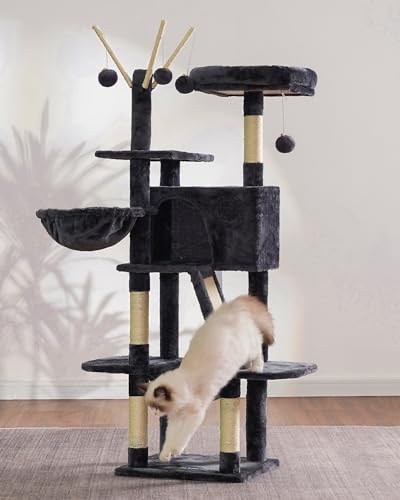 Hey-brother Cat Tree, 53 inch Cat Tower for Indoor Cats, Cat House with Padded Platform Bed, Toy Balls, Large Cozy Condo, Hammocks and Sisal Scratching Posts, Smoky Gray MPJ019-SG - color: Smoky Gray