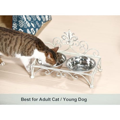 Iron Dog Cat Bowls Elevated - Dog or Cat Food and Water Dish Bowl Set - Raised Small Dog Cat Bowl Stand - Antique White