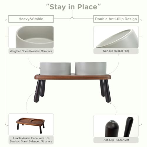 SPUNKYJUNKY Ceramic Elevated Dog Bowls Raised with Acacia Bamboo Wooden Stand, 6.1'' Dog and Cat Food Water Bowls Set Non-Slip for Small Medium Sized Breed Microwave Dishwasher Safe - 28.7 OZ,Grey - color: Grey, size: 6.1 in - Dual