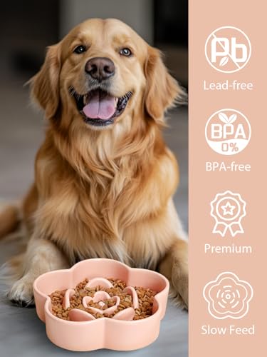 Ceramic Slow Feeder Dog Bowl, Anti-Choking Slow Food Bowls, 8" 11.3oz Slow Feeder for Medium, Large Breeds, Plum Puzzle Design, Non-Slip Silicone, Dishwasher and Microwave Safe, Pink - color: Pink