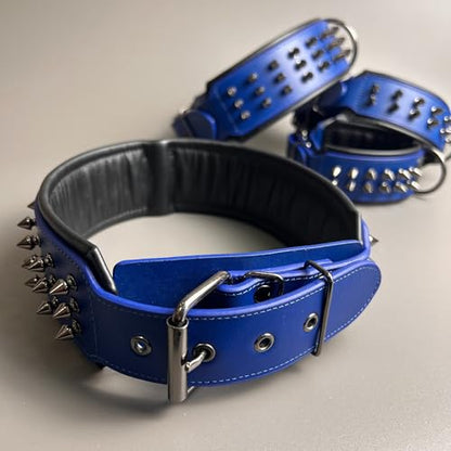 Luxury Leather Spike Dog Collar, Double-Layer Soft Cowhide, Punk Style for Medium and Large Dogs, Pit Bulls, Rowena (Blue,L-Neck 39-47cm) - color: Blue, size: L-neck 39-47cm