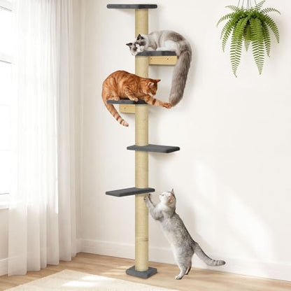 80" Floor to Ceiling Cat Tower, 5-Tier Wall-Mounted Cat Tree with Sisal Scratching Posts, Space-Saving Vertical Cat Furniture for Climbing & Lounging, Indoor Cat Playground, Dark Grey