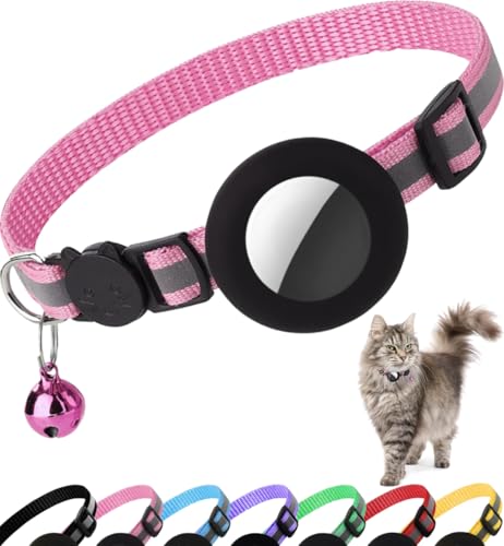 Airtag Cat Collar Breakaway, Reflective Kitten Collar with Apple Air Tag Holder and Bell for Girl Boy Cats, 0.4 Inches in Width and Lightweight(Pink) - color: Pink