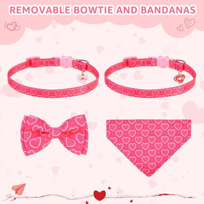 SCENEREAL Valentine's Day Cat Bandana Collars with Bell Bowtie - 2 Pack Breakaway Pink Kitten Collars, Adjustable Cute Love Heart Pet Accessories for Cats Small Dogs - color: Bandanas & Bow (Heart-Pink)
