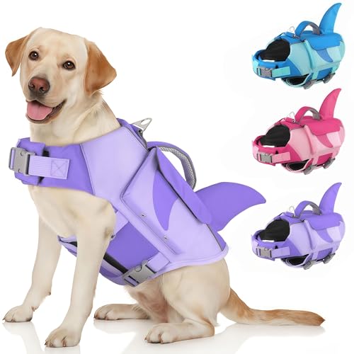 Dog Life Jacket Shark– High Flotation Dog Life Vest with Reflective Stripes, Pet Swimming Vest with Rescue Handle for Small Medium and Large Dogs, Suitable for Swimming & Boating – Purple XL - color: Purple, size: X-large